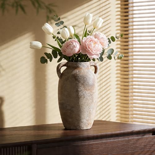Ceramic Flower Vase, 9.8" Rustic Farmhouse Vase with Glazed Interior, Decorative Pottery Vase for Fresh Flowers, Eucalyptus, Dining Table Centerpiece, Entryway and Mantel Decor - color: Rustic-6.7"l X 6.9"w X 9.8"h