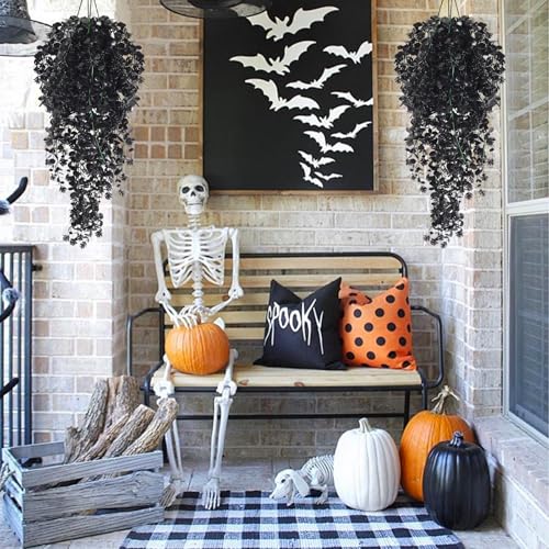RECUTMS Fake Hanging Eucalyptus Plant 4 Pack Faux Flowers Leaf Greenery Vine Decor Fake Greenery 2.5FT for Indoor Outdoor Halloween Party Fall Room Wall Wedding Patio Porch Decor Black - color: Style3-black