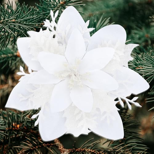 SITUMEIZI 24 Pcs White Poinsettia Flowers for Christmas, Glitter Poinsettia Artificial Flowers 5.5" with Clips Fake Christmas Ornaments Xmas Tree Wreath New Year Decorations - color: White