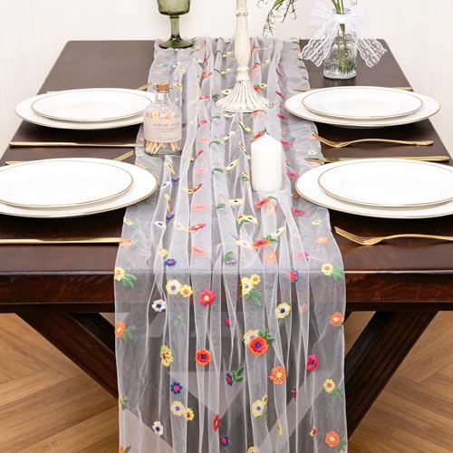 Ivory Embroidery Daisy Gauze Table Runner 10FT Floral Seasonal 120 Inch Sheer Tulle Table Runner Kitchen Dining Wedding Birthday Christmas Decor for Home Party Decorations - color: Ivory, size: 10 ft × 1 pc