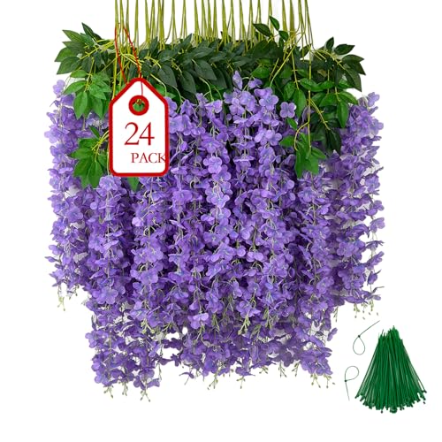 BIRDDIE 24Pcs of Artificial Wisteria Hanging Flowers, 3.75 Feet Fake Wisteria Flower Strings for Backdrop, Wedding, Ceremony,Garden and Home Wall Decoration (Light Purple) - color: Light Purple, size: 24 pcs