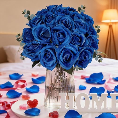 20PCS Artificial Roses with Long Stems - Realistic Silk Flowers, Fake Roses Real Touch Bouquet of Roses for Mother's Day Home Decor, Bridal Wedding Party, Bulk Faux Rose Flowers (Royal Blue) - color: Royal Blue, size: 20 PCS