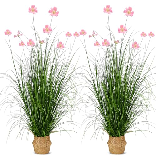 2 Pack 47in/4ft Artificial Grass with Fake Flowers Faux Plants Outdoor Indoor Tall Grass Greenery Decor for Garden Patio Home Office Pink - color: 2pack Green Flowers