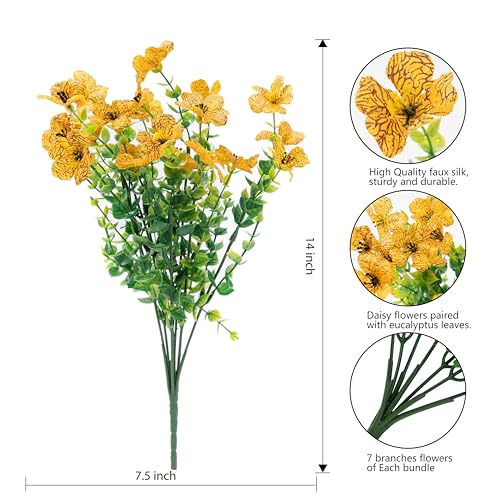 Artificial Flowers for Outdoor Indoor Garden Home Decoration, Faux Flower Daisy with Eucalyptus Leaves Fake Plants Greenery Boxwood Porch Patio, 12 Bundles - color: Yeloow