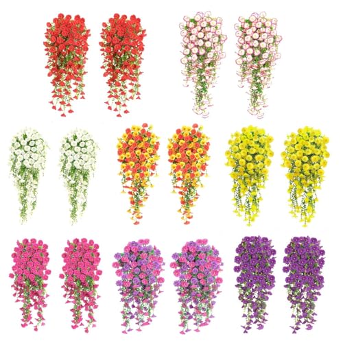 2 Sets of Hanging Flowers, Mixed Textile Morning Glory and Eucalyptus Leaves, UV-Resistant, Real Artificial Plants - color: Yellow
