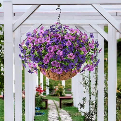 Artificial Faux Hanging Baskets Flowers Plants for Outdoor Spring Decoration, Fake Silk Daisy Outside Indoor UV Resistant Look Real Yard Patio Front Porch Garden Balcony Home Decor(Double Purple) - color: Double Purple
