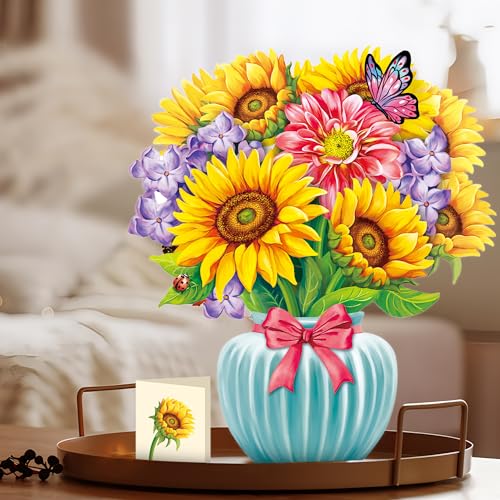 Airpark Pop Up Flower Bouquet Card for Women, 3D Floral Greeting Card with Envelope and Note, Birthday Thank You Thinking of You Get Well Gift for Mom Friend Wife Teacher, Sunflower - style: Sunflowers