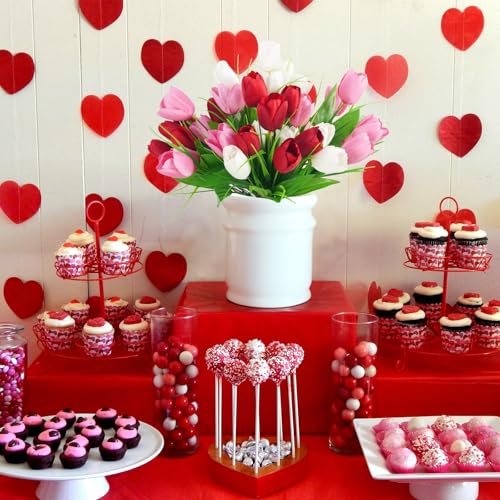 obbsie 6 pcs Tulips Artificial Flowers, Artificial Red White Pink Tulips Flowers Real Touch Silk Flower for Wedding Party Home Table Decor