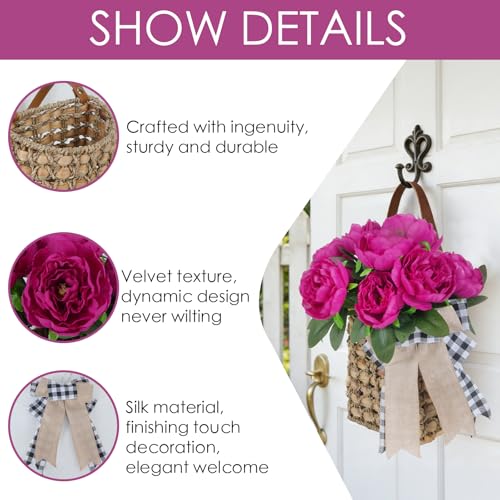 17in Hanging Basket for Front Door with 10 Pcs Artificial Peonies Wreath | UV Resistant Woven Wall Baskets for Spring Summer Garden Farmhouse Home Boho Wall Decor - color: Rose Pink