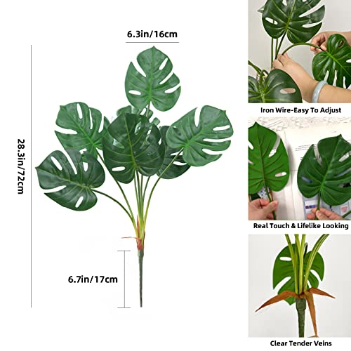 CXGS Artificial Tropical Monstera Palm Leaves Faux Turtle Leaf with Stems Fake Real Touch Palm Plants Leaves Adjustable & Realistic Dark Green Foliage for Vase Party Flower Arrangement Wedding Decor