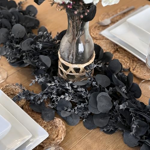 CQURE 3Pcs Eucalyptus Garland,Artificial Eucalyptus Leaves Table Greenery Garland Wreath Vines for Wedding Party Table Fireplace Bedroom Wall Room Decor - size: 17.7 Ft-Black