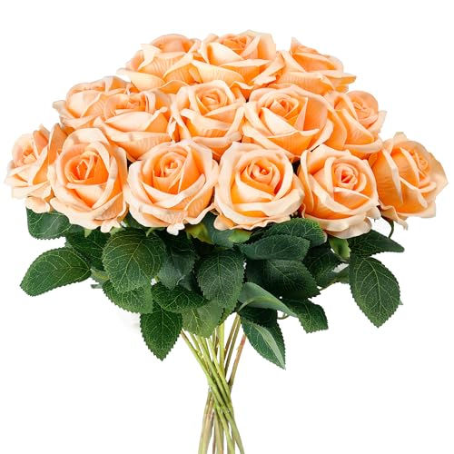 Auihiay 14PCS Champagne Artificial Roses, Realistic Silk Fake Roses Flowers with Long Stem for Father's Day, DIY Bouquets, Home Decor, Baby Shower Party & Wedding Centerpieces - color: Champagne