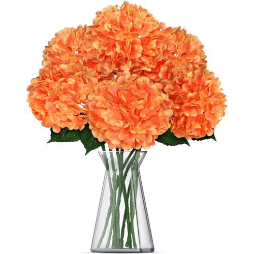 8 Pcs Hydrangea Artificial Flowers 21" Orange Silk Fake Flowers Bouquet with Stems Faux Latex Floral Bulk Bouquet for Home Wedding Arrangement Party Baby Shower Table Centerpieces Decoration - color: Orange