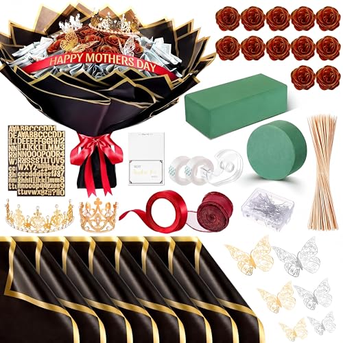 Maysing Money Bouquet Kit 12 Pcs Glitter Roses 20 Sheet Flower Wrapping Paper DIY Flower Bouquet Floral Foam Blocks Sticker for Anniversary Birthday Mother's Day Graduation(Red with Gold Trim) - color: Red with Gold Trim