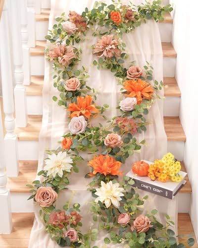 Waipfaru 2Pcs Fall Garland Decor, 6Ft Eucalyptus Flower Garland for Table, Fall Floral Vines with Terracotta Flowers for Wedding Arch Backdrop Wall Thanksgiving Decorations (Terracotta) - color: Terracotta-6.07ft, size: 2 Pack