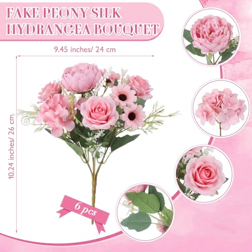 Tigeen 6 Pcs Bundles Artificial Bouquet Flowers Artificial Peonies Faux Roses Hydrangea Flowers Bouquet for Wedding Table Centerpiece Floral Vase Decor (Pink,Magenta) - color: Pink, Magenta