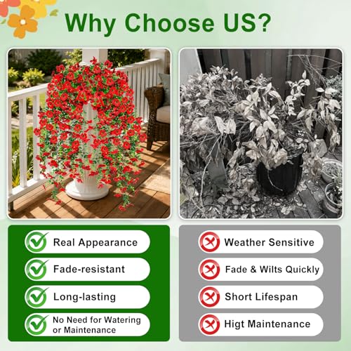 Artificial Hanging Flowers for Outdoors Decorations 2 Pack, Fake Hanging Flowers, UV Resistant Artificial Hanging Plants Outdoors for Home Porch Patio Balcony Baskets Yard(Red) - color: Red