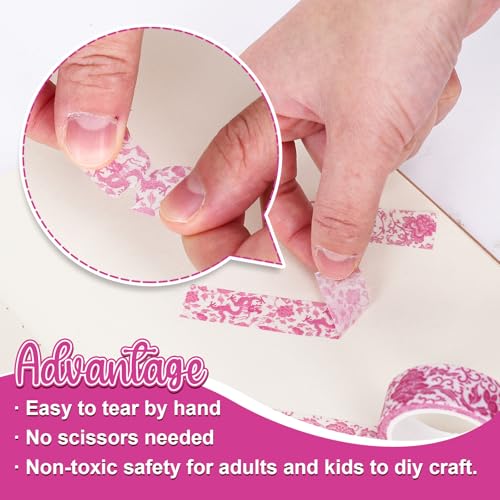 Whaline 12 Rolls Pink Floral Washi Tapes Chinoiserie Flower Decorative Masking Tape Set Vintage Wrapping Paper Tape for Scrapbook Journal DIY Art Crafts - color: Pink