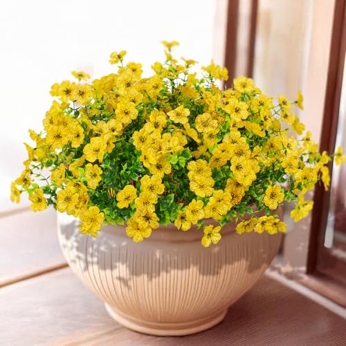 LikSoor 16 Bundles Artificial Flowers Outdoor Spring Summer Decoration Fake Silk Colorful Daisy Eucalyptus Realistic UV Resistant Outside Faux Plants for Garden Porch Window Box Home Decor(Yellow) - color: Yellow