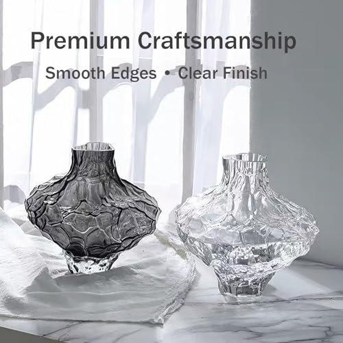 1.7 lbs Heavy Duty Glass Vases for Flowers, 6.5 Inch Small Vase with Weighted Base to Prevent Tipping, Modern Wavy Groove Decorative Glass Vase for Table Centerpiece, Bookshelf, Home Decor (Clear) - color: Clear