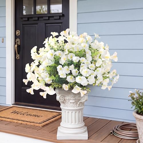 Artificial Flowers for Outdoors 12 Bundles Realistic Faux Plants UV Resistant Fake Silk Morning Glory with Eucalyptus for Front Door Planter Patio Porch Outside Spring Summer Decoration (White) - color: White