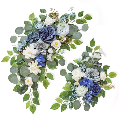 Wedding Welcome Signs Floral(Pack of 2)，Wedding Arch Flowers for Wedding Decorations and Reception Backdrop Decoration (Blue) - color: Blue