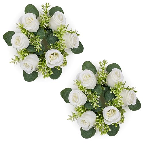 NUPTIO Flower Wreath for Table Centerpieces: 9.05 Inch Small White Artificial Candle Rings for Wedding Party Christmas Decorations - Rose Wreaths for Spring Summer Front Door Porch Decor 2 Pcs - color: White, size: Dia 9.05"-2pcs
