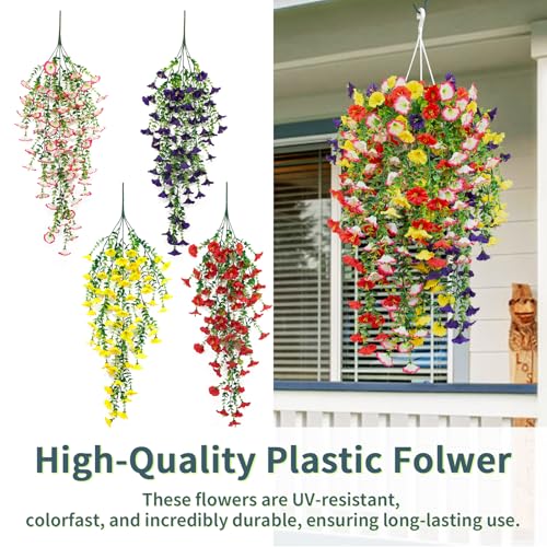4 Pack Artificial Faux Hanging Flowers Plant for Outdoor, Fake Silk Morning Glory with Eucalyptus UV Resistant Realistic Trailing Vine for Wall Home Porch Patio Balcony Yard Indoor Decor, Mix Color - color: Mix Color