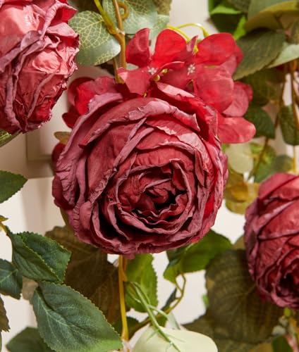 PONKING Flower Garland Artificial Rose & Hydrangea Vine Hanging Fake Flowers Vines for Wedding Birthday Party Valentines Christmas Room Wall Arch Decor, 1 Rose & 1 Hydrangea Red Floral Garland - color: Large Rose & Hydrangea Red Vines 5.4ft