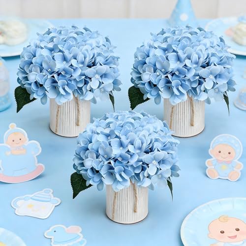 Flower Table Centerpieces - Set of 6 Floral Arrangement Artificial Wedding Hydrangeas Floral Arrangement with Rustic Metal Vase for Bridal Tea Party Event Decorations - Pastel Blue - color: Pastel Blue