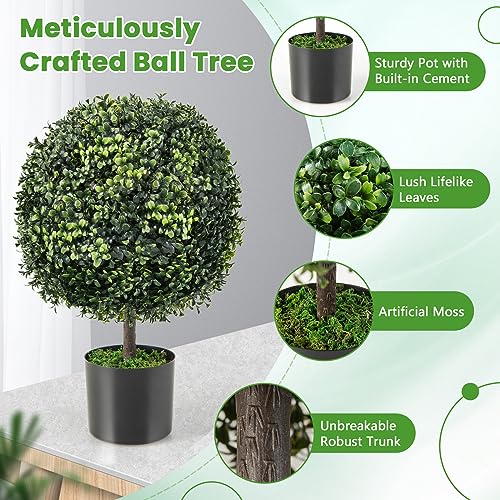 Goplus 22” Artificial Boxwood Topiary Ball Tree, Set of 2 Faux Potted Plants Artificial Shrubs Bushes with Cement Pot, Fake Evergreen Artificial Topiary for Indoor Outdoor Home Front Porch Decor - color: Dark Green