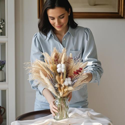 Dried Flowers Bouquet - Natural Pampas Grass Boho Decor Flower Arrangements for Rustic Home Bedroom Wedding Western Modern Decorations