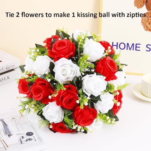 10Pcs Artificial Flower Ball Arrangement, Fake Floral Centerpieces Wedding Roses Bouquet for Parties Valentine's Day Wedding Centerpieces and Home Decor (Red & White) - color: Red & White