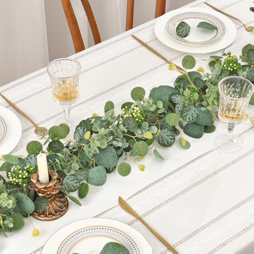 5.9FT Eucalyptus Garland,Artificial Greenery Garland with Berries,Green Spring Garland Decorations,Fake Silver Dollar Eucalyptus Leaves Wreath Garland for Table Home Mantle Wedding Decor - size: 1PCS