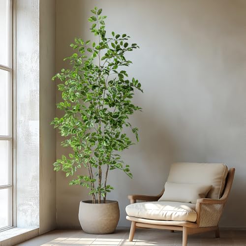 Bailikang Artificial Ficus Tree Indoor 7ft, Large Potted Faux Tree with Realistic Silk Leaves & Trunk for Home Office, Living Room Corner Decor - color: White Green, size: 7ft
