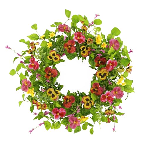 YNYLCHMX 20" Spring Summer Wreaths for Front Door, Artificial Floral Wreath with Ivy Leaves Daisies Pansies Rose Leaves, Green Foliage Wreath for Wall Window Farmhouse Party Holiday Home Decor - color: Daisy&pansy