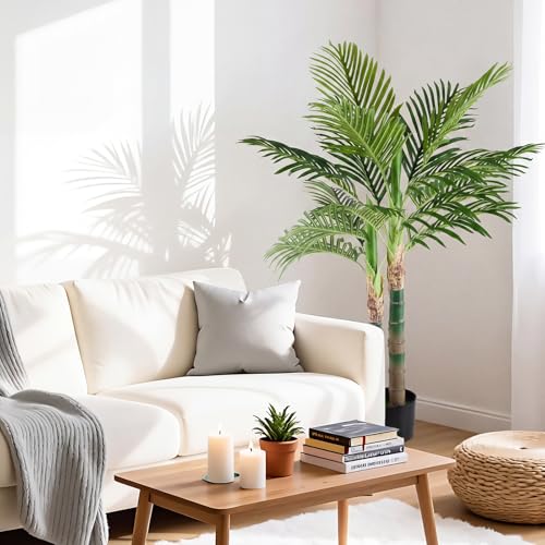 NEWBULIG 47in Artificial Palm Tree, Double Stalk Golden Cane Palm with Lush Realistic Leaves, Large Faux Plant for Living Room, Maintenance Free Home Decor