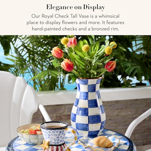 MACKENZIE-CHILDS Tall Enamel Vase, Unique Flower Vase, Decorative Table Decor for Living Room, Blue-and-White Royal Check - color: Royal Check