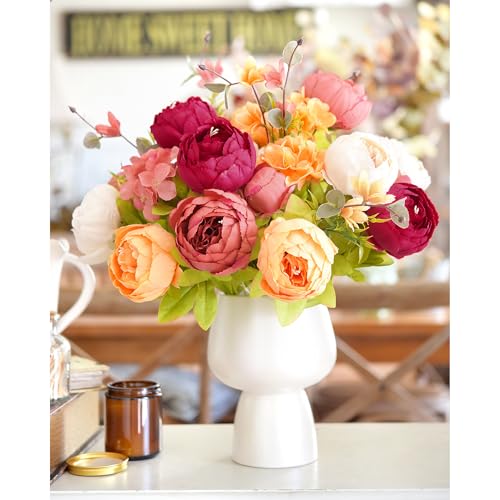 FiveSeasonStuff Artificial Peony Bouquets, 2 Silk Flower Bundles in Peach, Coral, Cream & Burgundy with Hydrangeas for Wedding Centerpieces & Home Decor (Country Delightful) - color: Country Delightful (Orange, White, Pink & Red)