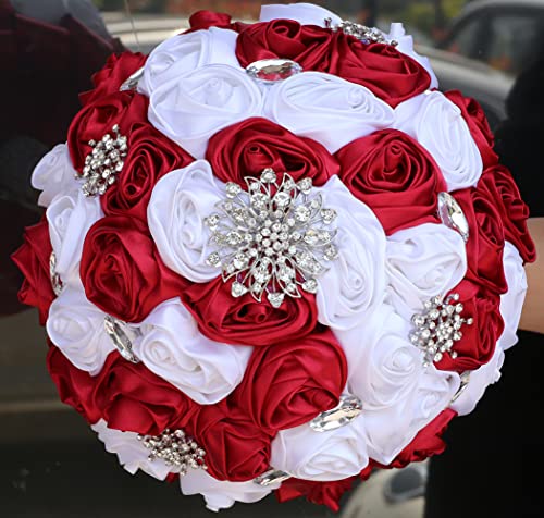 Sharebeauty 9.4" Handmade Satin Rose Bridal Bouquet Toss Round Wedding Bouquet Throw Toss Artificial Flower Bunch Dark Red + White - color: Dark Red/White, size: 9.4"/24cm
