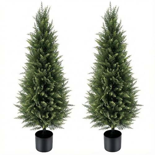 4FT Artificial Cedar Topiary Trees 2 Pack, Resistant | Lifelike artificial cypress topiary, protected. No watering. For porch, patio, garden, home office. - size: 4FT