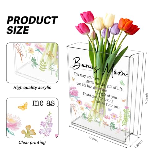 Bonus Moms Book Flower Vase Mothers Day Birthday Thank You Gifts for Stepmom Bonus Stepped Up Mom Mother from Daughter Son Cute Acrylic Book Shaped Vase Decor for Home Office Table Shelf Vase 3807 - style: Mediterranean