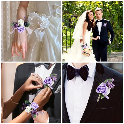 SITUMEIZI 2Pcs Purple Corsage and Boutonniere Set Wrist Corsage Bracelets and Boutonniere for Men Wedding Prom Party Suit Decor - color: Purple