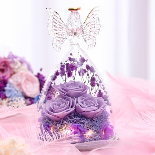 Mothers Day Mom Gifts for Women Preserved Flowers in Glass Angel Forever Flowers Gifts Eternal Roses Gifts for Grandma, Light Purple - color: Light Purple