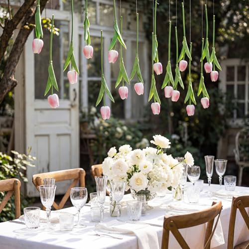 12 Pack Light Pink 5 ft Artificial Tulips Hanging Flower Garland Decorations Spring Summer Dangling Faux Tulip Floral Vine Strings with Hooks for Wall Ceiling Wedding Tea Party - color: Light Pink