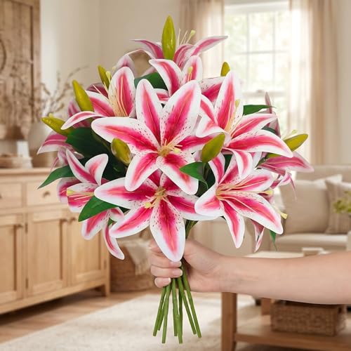 ATFL Artificial Lilies Flowers,9 Pcs Faux Lily Flowers,16''Tiger Lily Branches with 2 Full Blooms and 1 Bud,Faux Fake Lilies Plants for Wedding Bouquet Floral Arrangements (9, Pink) - color: Pink