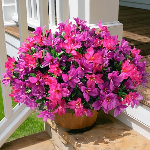 INSPRING Artificial Flowers Fake Plants for Outdoors Spring Summer Decoration, 3 Bundles Faux Silk Azalea UV Resistant Outdoor Flowers Realistic for Planters Outside Patio Porch Garden Home Decor, Mix - color: Fuchsia + Hotpink