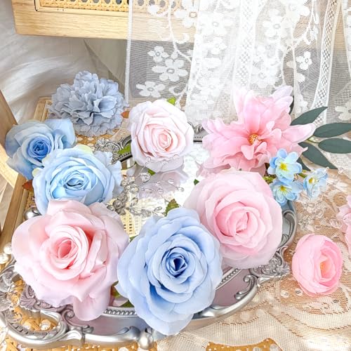 Baby Blue Pink Artificial Flowers Combo Box Set Bulks Pastel Pink Rainbow Silk Roses Individually Stems Crystal DIY Faux Bridal Wedding Bouquets Cake Decor Arrangements Baby Shower Bloom Flowers - color: Baby Blue, Pastel Pink