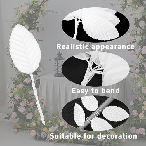 pson 200PCS 10cm Artificial Silk Leaves with Wired Stems for Crafts, Bouquet Wreaths, Wedding Decor, Party Decorations(White) - color: White