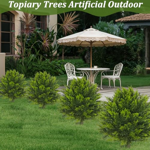 Artificial Cypress Topiary Ball Set of 2, 24” Faux Shrub Bushes with Ground Spike, UV Resistant Fake Evergreen Plants Tree for Porch Outdoor Planters Indoor - color: Cypress
